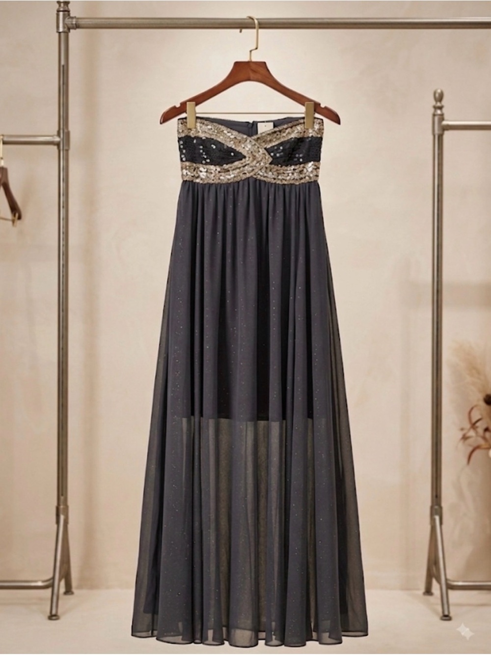 GBG Los Angeles Strapless Black Gown with Gold Sequin Bodice